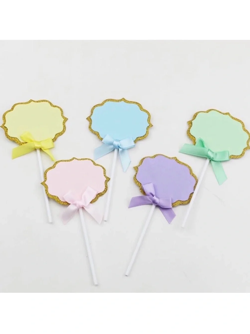 💞 New Pack of 10 Pastel & Gold Glitter Buffet Food Label Cupcake Toppers